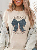 America Coquette Bow Shirt, Patriotic Polka Dot Ribbon Tee, Vintage 4th of July USA Graphic Shirt, Independence Day Red White Blue Tee, Gift