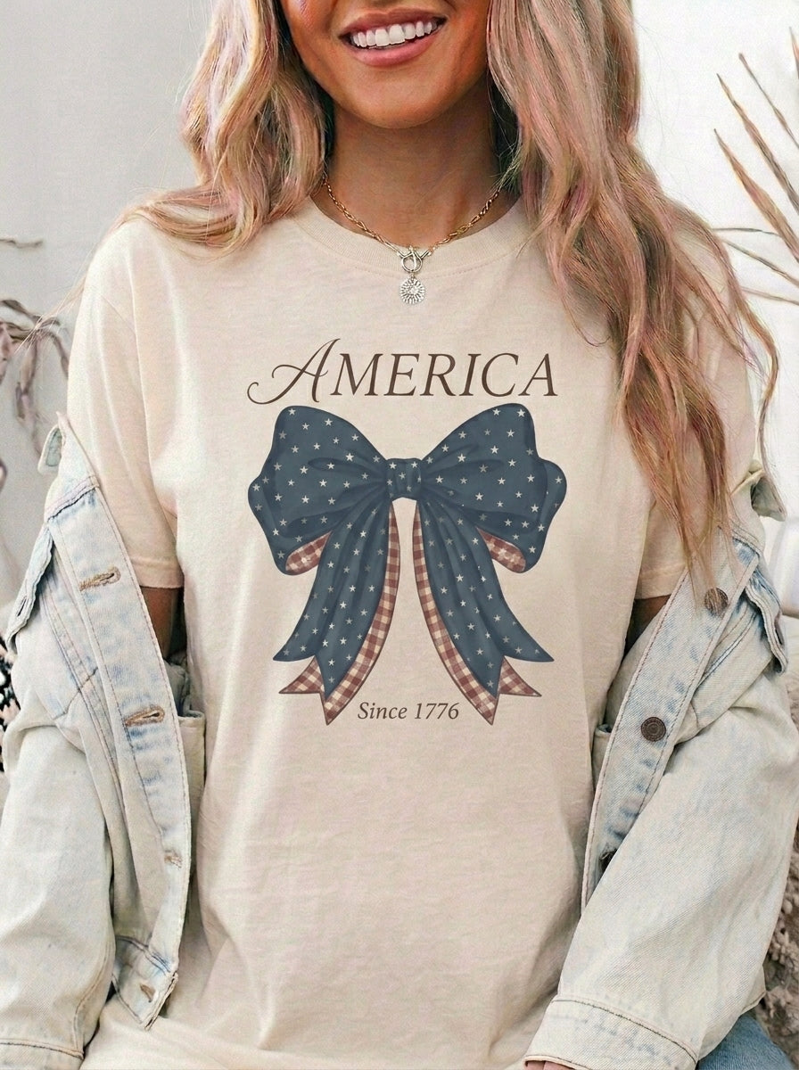 America Coquette Bow Shirt, Patriotic Polka Dot Ribbon Tee, Vintage 4th of July USA Graphic Shirt, Independence Day Red White Blue Tee, Gift