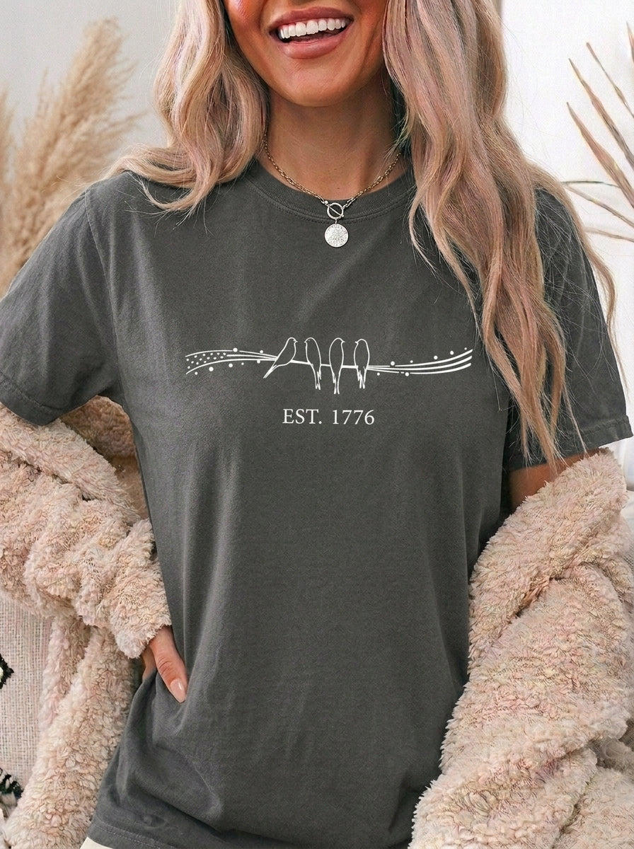 Minimalist Patriotic Shirt, Birds on a Wire EST 1776 Tee, Vintage USA 4th of July Graphic Shirt, Independence Day Unisex Tee, Gift