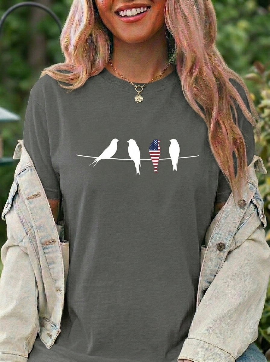 Patriotic Birds Shirt, Minimalist Flag Bird Tee, Vintage 4th of July Birds on a Wire Graphic Shirt, Independence Day Red White Blue Tee