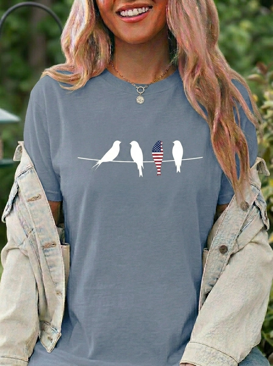 Patriotic Birds Shirt, Minimalist Flag Bird Tee, Vintage 4th of July Birds on a Wire Graphic Shirt, Independence Day Red White Blue Tee