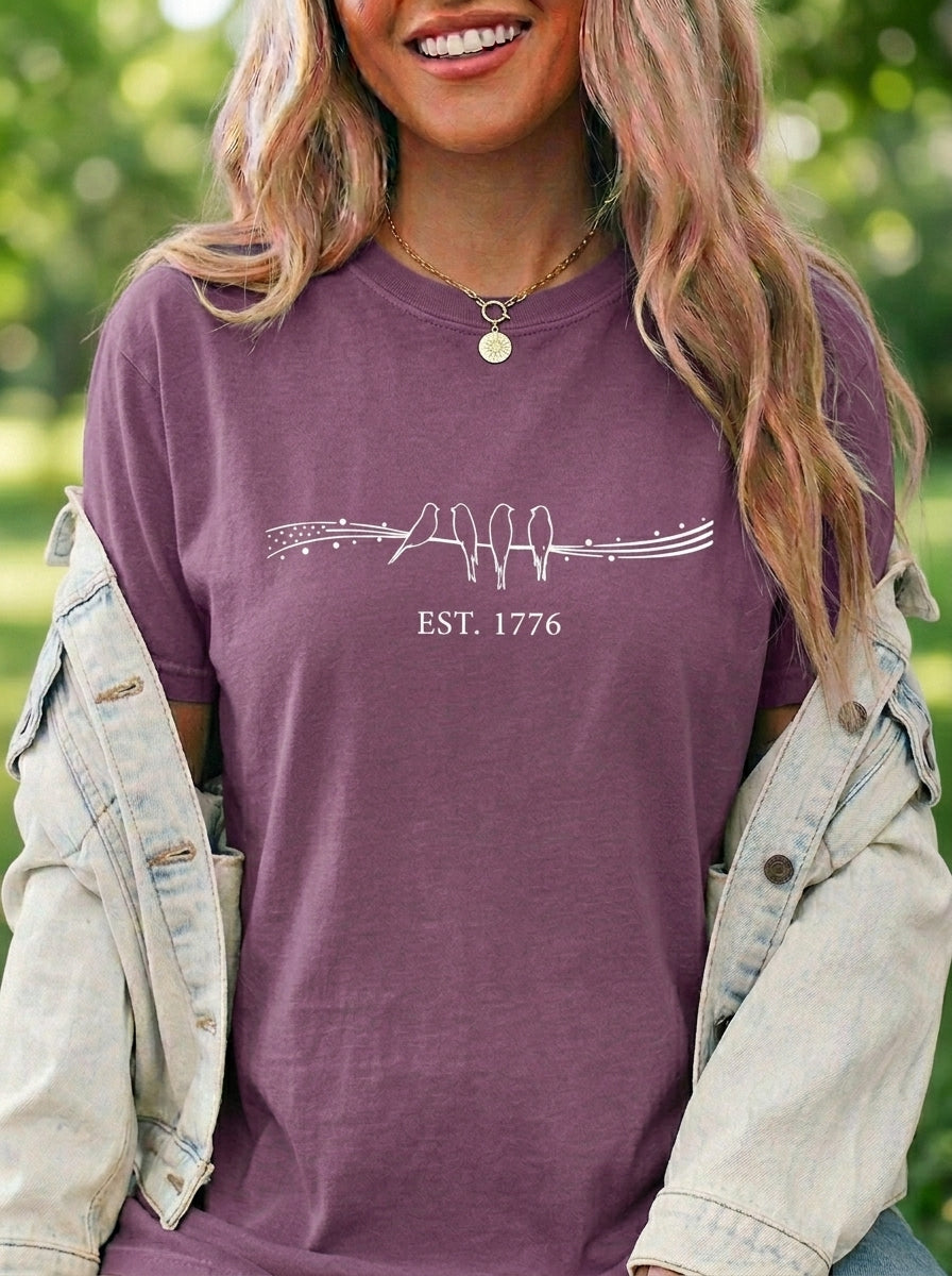 Minimalist Patriotic Shirt, Birds on a Wire EST 1776 Tee, Vintage USA 4th of July Graphic Shirt, Independence Day Unisex Tee, Gift