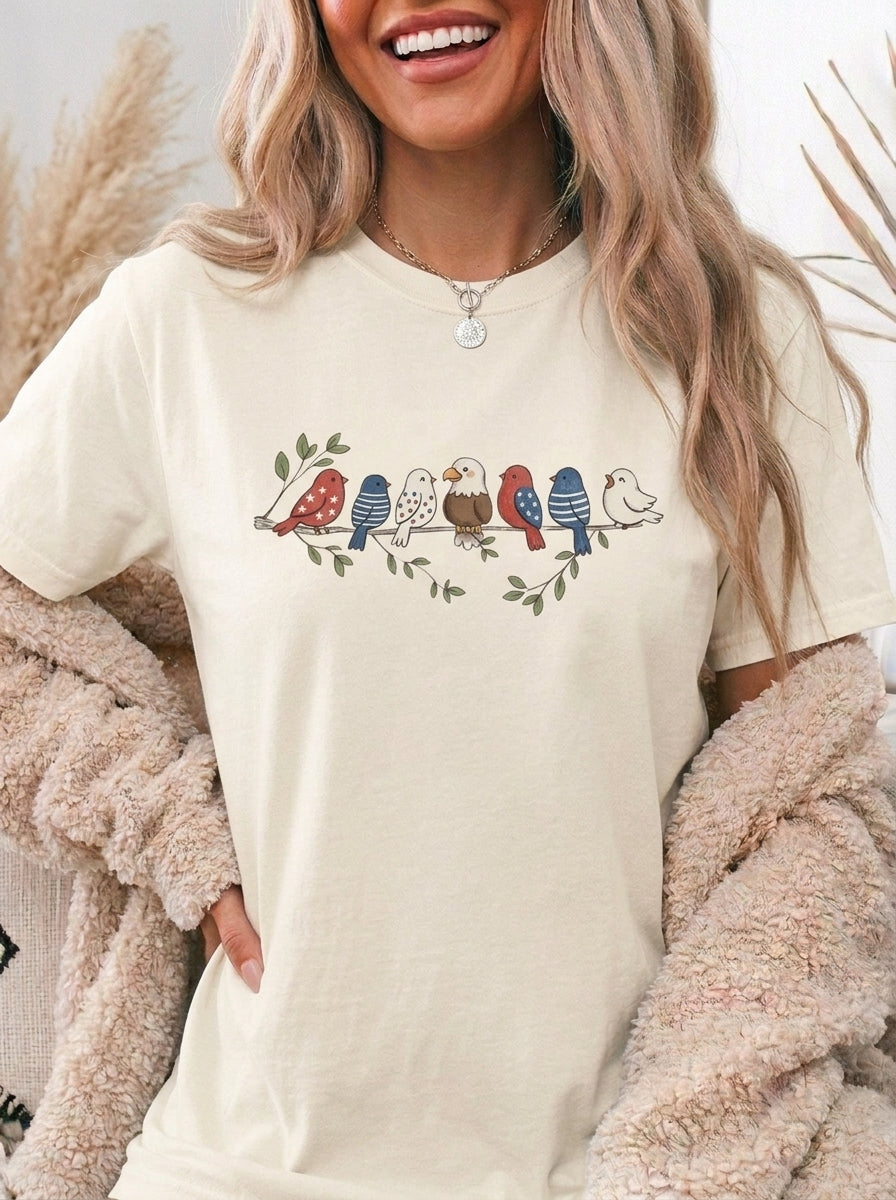 Patriotic Birds Shirt, 4th of July Bird Tee, Vintage Americana Dove Graphic Shirt, Red White Blue Star Print Tee, Independence Day Gift
