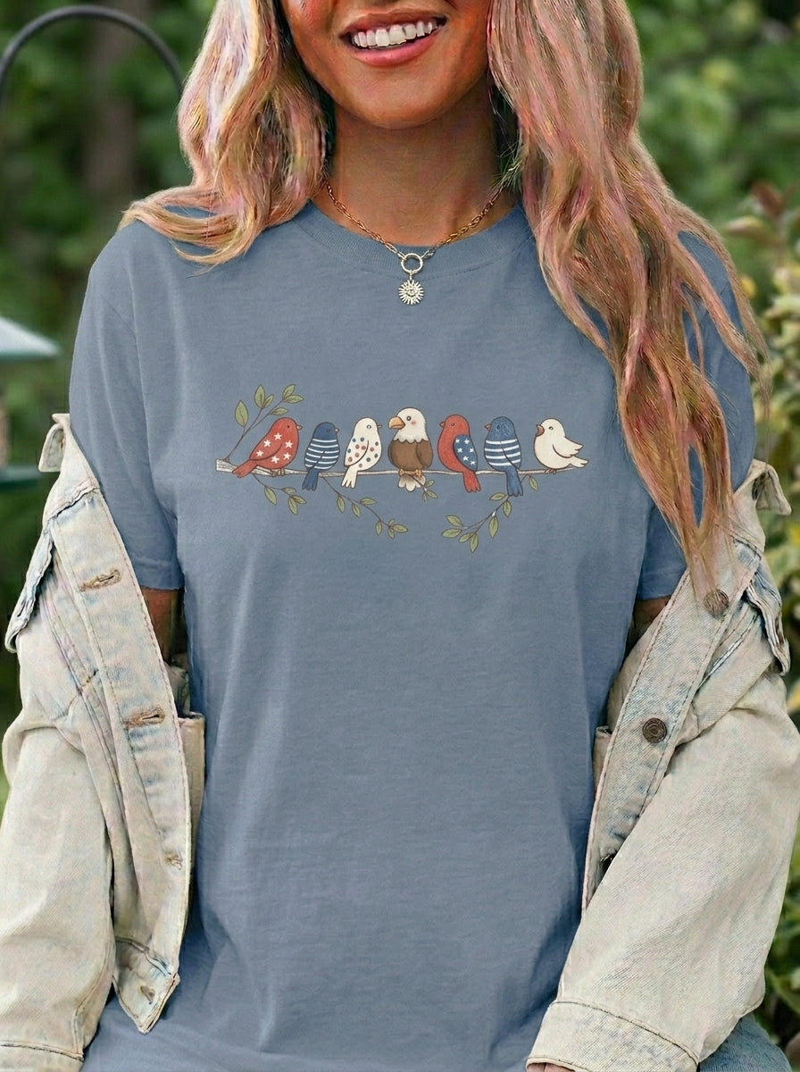 Patriotic Birds Shirt, 4th of July Bird Tee, Vintage Americana Dove Graphic Shirt, Red White Blue Star Print Tee, Independence Day Gift