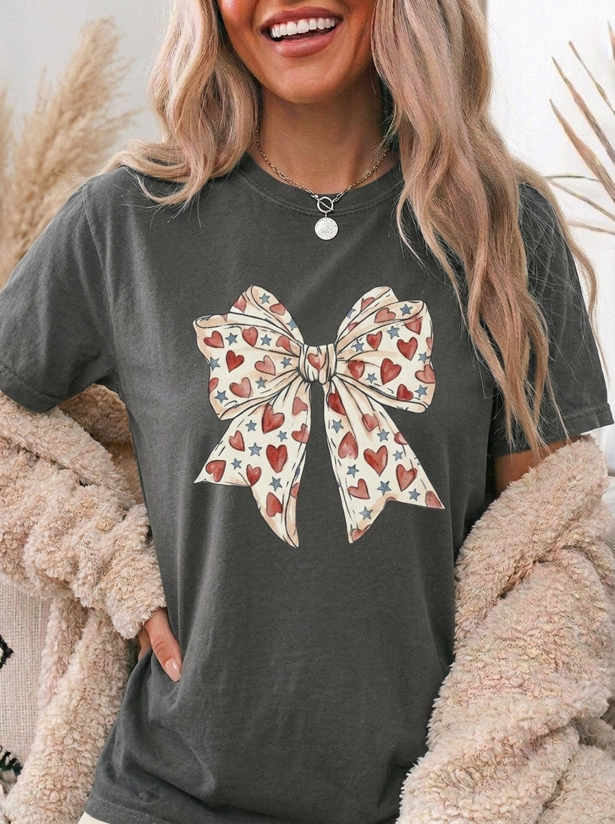 Patriotic Coquette Bow Shirt, Red White Blue Heart Star Tee, 4th of July Ribbon Bow Graphic Shirt, Vintage Americana USA Tee, Gift for Her