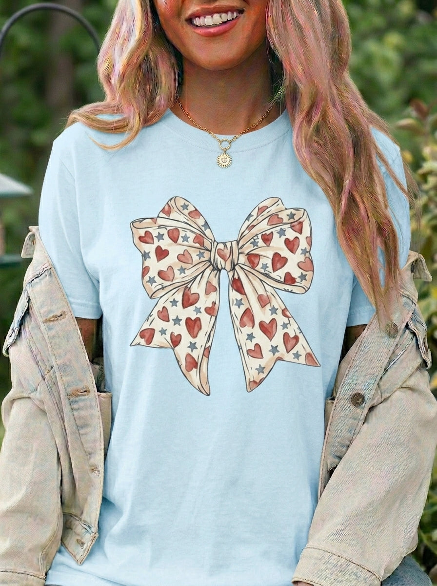 Patriotic Coquette Bow Shirt, Red White Blue Heart Star Tee, 4th of July Ribbon Bow Graphic Shirt, Vintage Americana USA Tee, Gift for Her