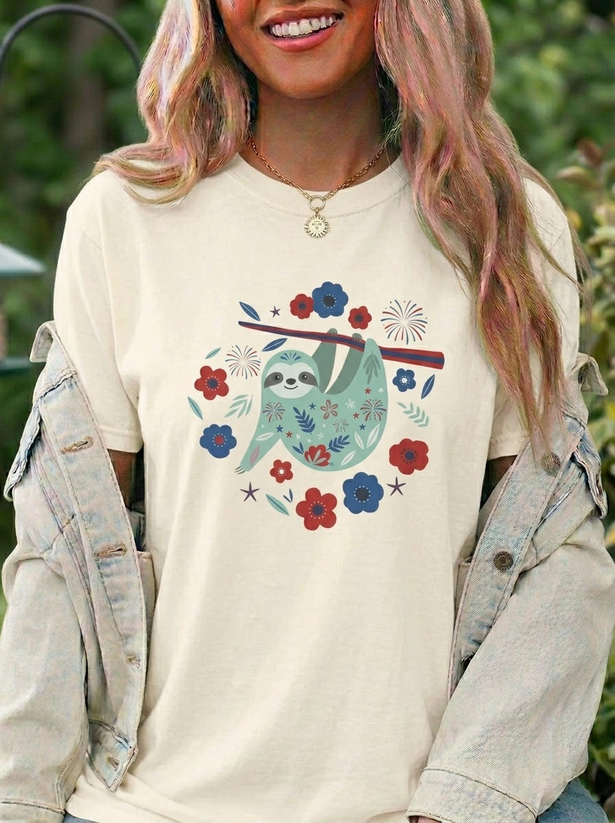 Patriotic Sloth Shirt, 4th of July Floral Sloth Tee, Cute Vintage USA Animal Graphic Shirt, Independence Day Red White Blue Tee, Gift