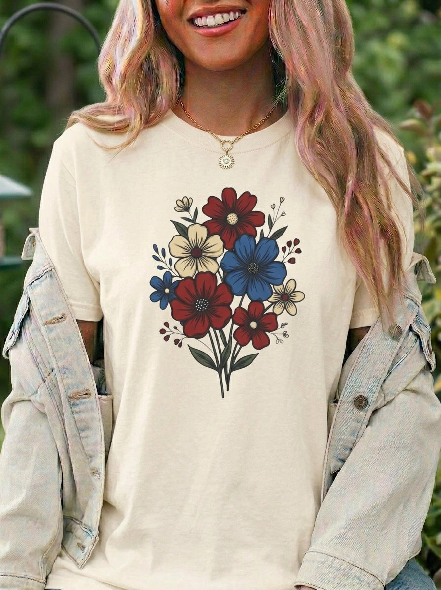 Freedom & Blooms Floral T-Shirt, Vintage Patriotic USA Independence Day Red White Blue Graphic Tee