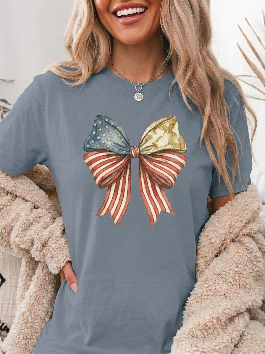 Vintage Patriotic American Golden Bow Ribbon T-Shirt, Independence Day Unisex Red White Blue Graphic Tee