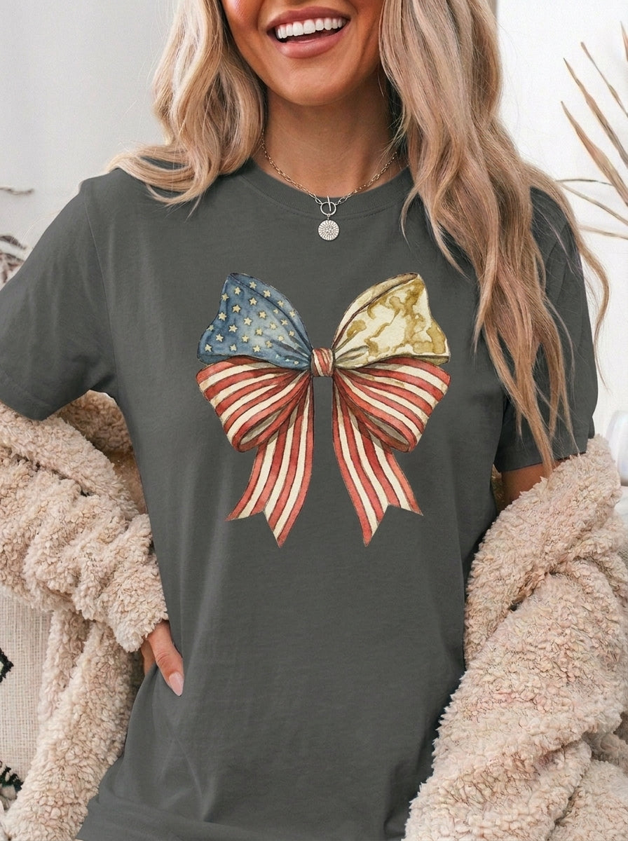 Vintage Patriotic American Golden Bow Ribbon T-Shirt, Independence Day Unisex Red White Blue Graphic Tee