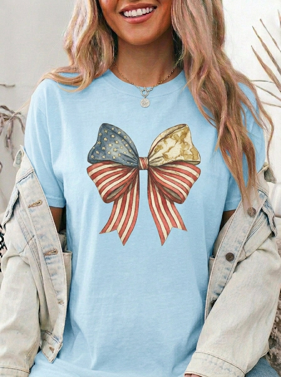 Vintage Patriotic American Golden Bow Ribbon T-Shirt, Independence Day Unisex Red White Blue Graphic Tee
