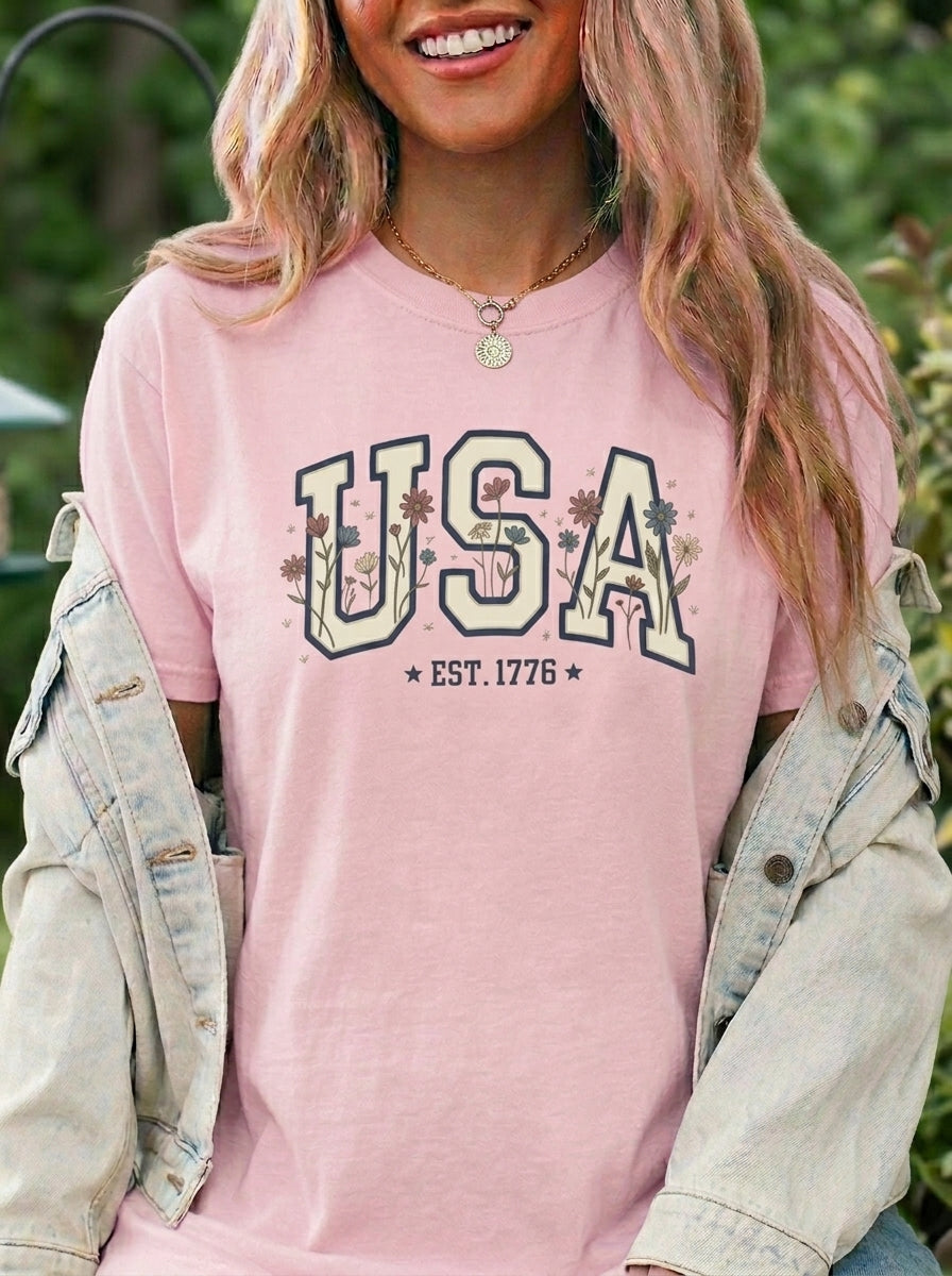 Vintage Patriotic American USA Print T-Shirt, Independence Day Red White Blue 1776 Unisex Graphic Tee