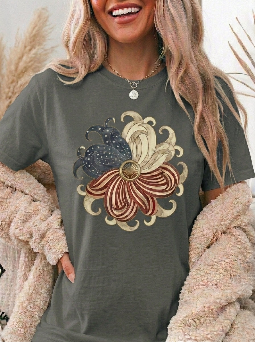 Vintage Floral Burst T-Shirt | Stylized Chrysanthemum Graphic