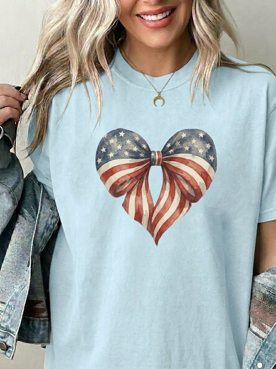 Vintage Patriotic American Bow Ribbon Heart T-Shirt, Independence Day Unisex Red White Blue Graphic Tee