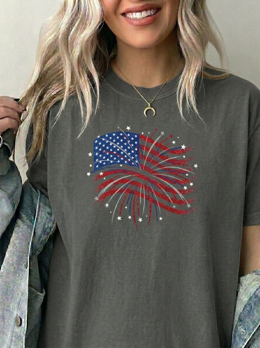 Vintage Patriotic American Flag Fireworks T-Shirt, Independence Day Unisex Red White Blue Graphic Tee