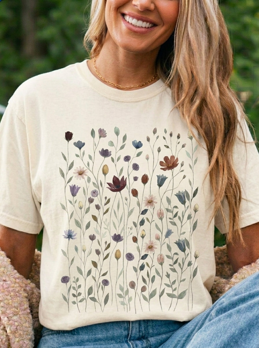 Wildflower Meadow Shirt, Dusty Purple Floral Pressed Flower Tee, Vintage Botanical Boho T-Shirt, Cottagecore Comfort Colors Gift for Her