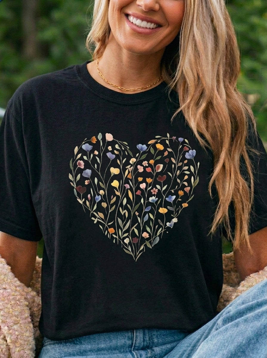 Wildflower Heart Shirt, Vintage Floral Comfort Colors Tee, Boho Cottagecore Botanical T-Shirt, Nature Lover Gift for Her, Women Garden Tee