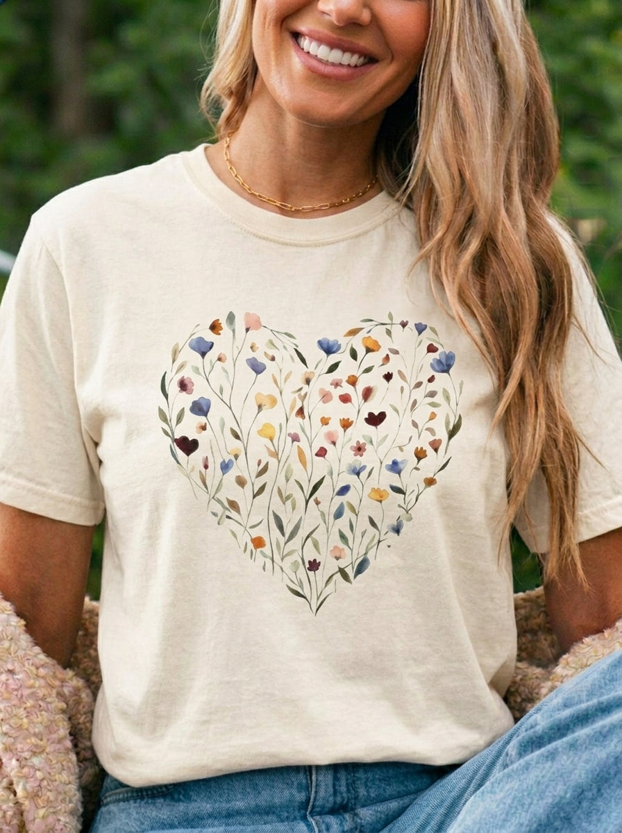 Wildflower Heart Shirt, Vintage Floral Comfort Colors Tee, Boho Cottagecore Botanical T-Shirt, Nature Lover Gift for Her, Women Garden Tee