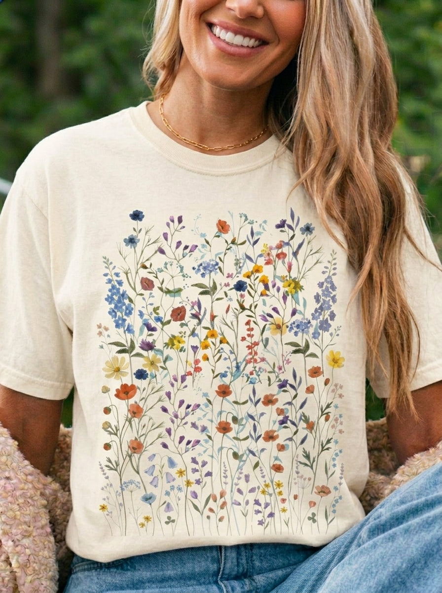 Wildflower Meadow Shirt, Colorful Floral Pressed Flower Tee, Vintage Botanical Boho T-Shirt, Cottagecore Comfort Colors, Spring Gift for Her