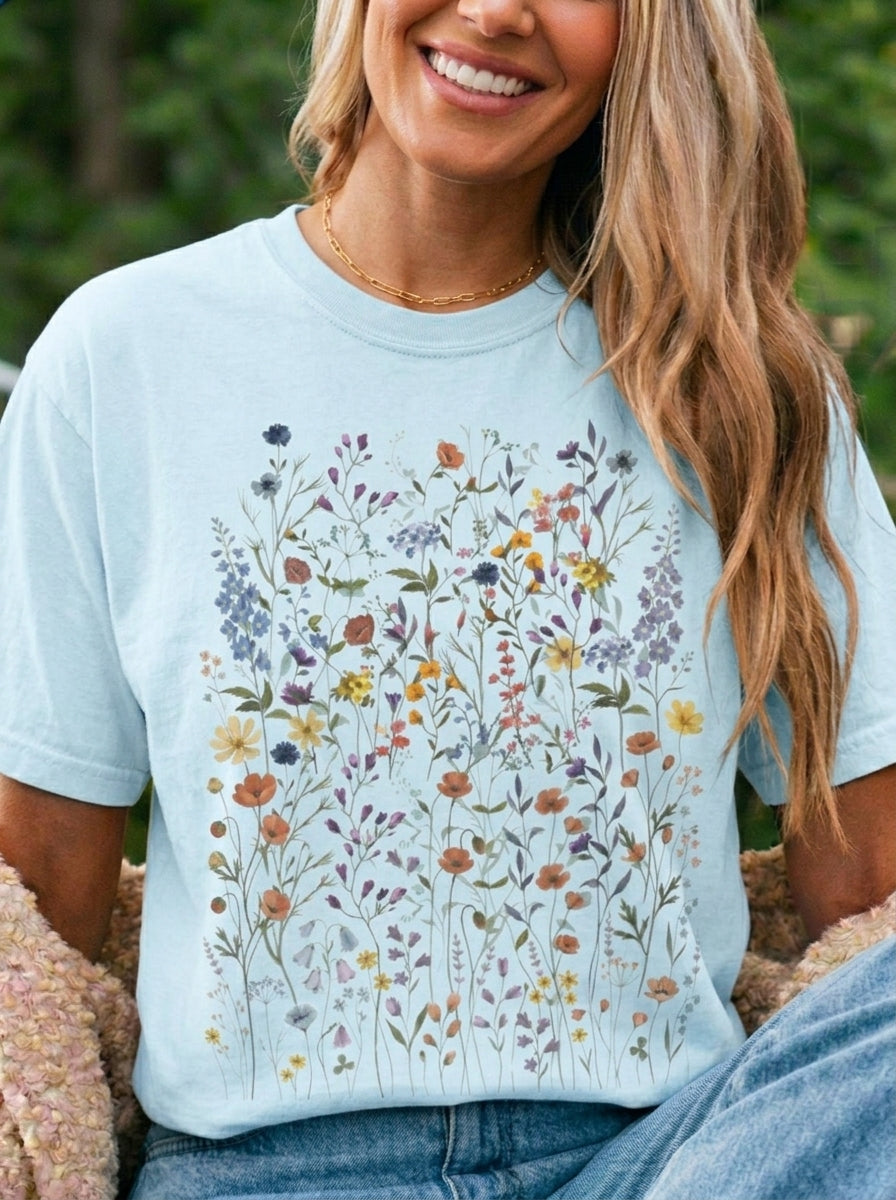 Wildflower Meadow Shirt, Colorful Floral Pressed Flower Tee, Vintage Botanical Boho T-Shirt, Cottagecore Comfort Colors, Spring Gift for Her