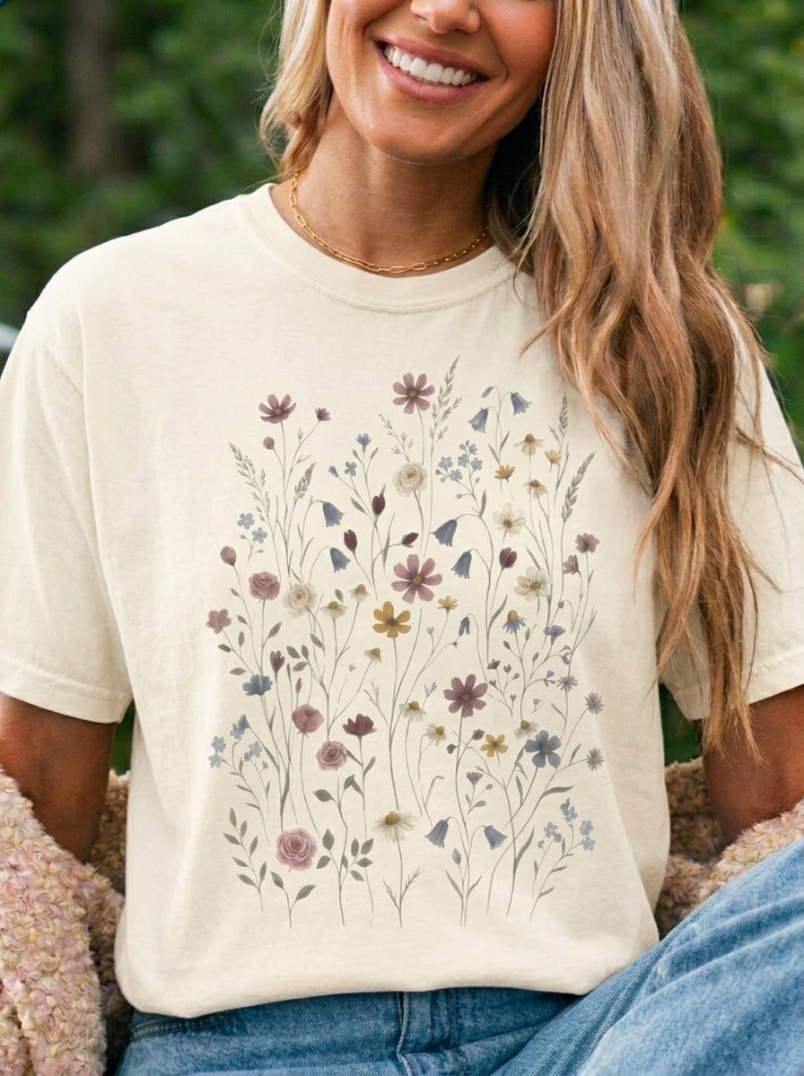Wildflower Meadow Shirt, Dusty Rose Floral Tee, Neutral Botanical Pressed Flower T-Shirt, Boho Cottagecore Comfort Colors, Gift for Her