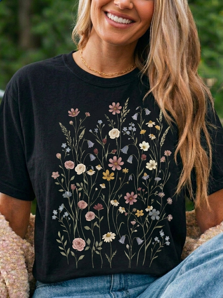 Wildflower Meadow Shirt, Dusty Rose Floral Tee, Neutral Botanical Pressed Flower T-Shirt, Boho Cottagecore Comfort Colors, Gift for Her