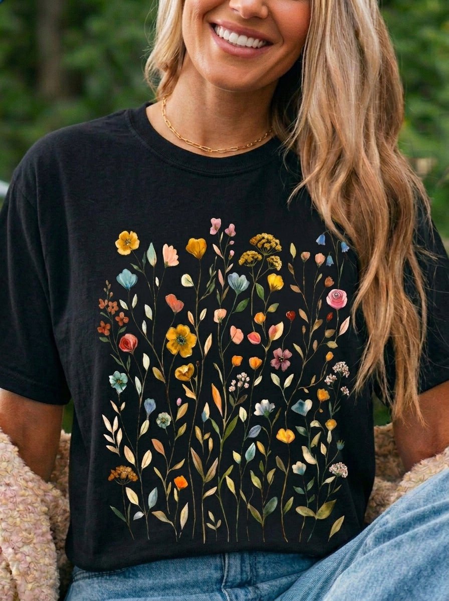 Wildflower Meadow Shirt, Muted Floral Pressed Flower Tee, Vintage Botanical Boho T-Shirt, Cottagecore Comfort Colors, Nature Gift for Her