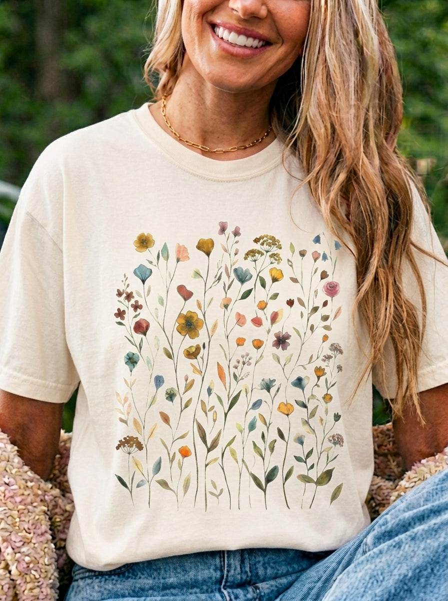 Wildflower Meadow Shirt, Muted Floral Pressed Flower Tee, Vintage Botanical Boho T-Shirt, Cottagecore Comfort Colors, Nature Gift for Her