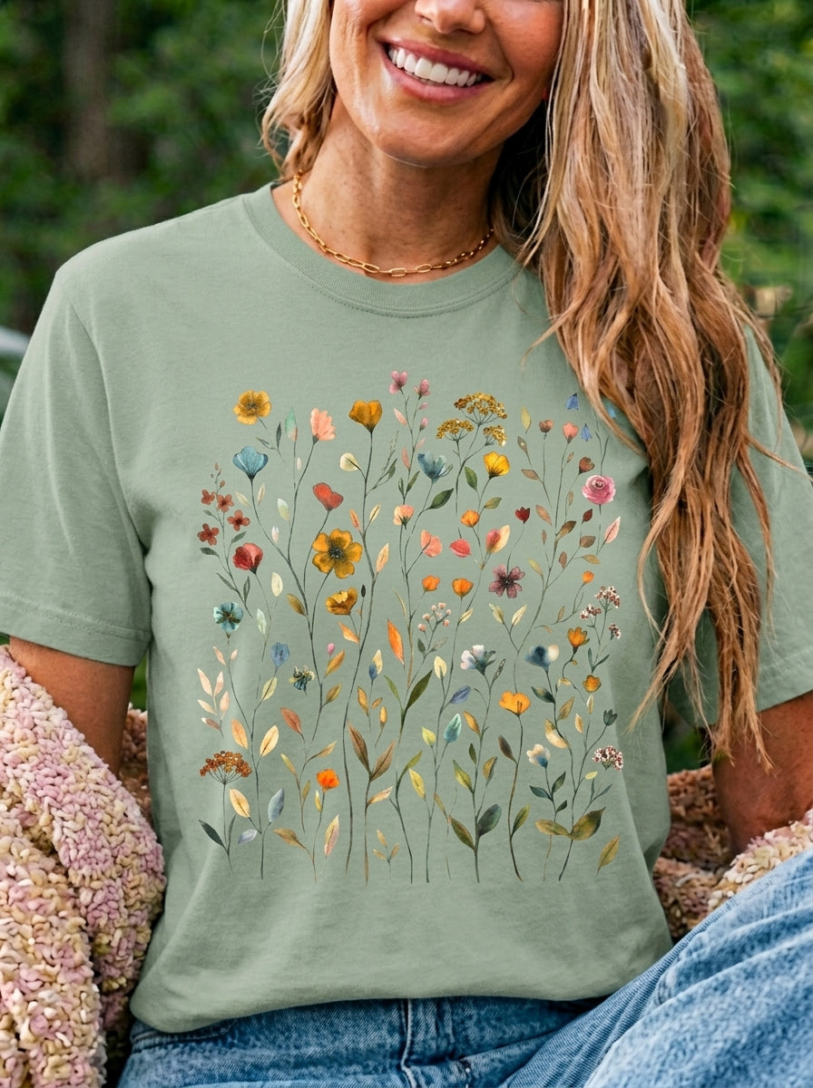 Wildflower Meadow Shirt, Muted Floral Pressed Flower Tee, Vintage Botanical Boho T-Shirt, Cottagecore Comfort Colors, Nature Gift for Her