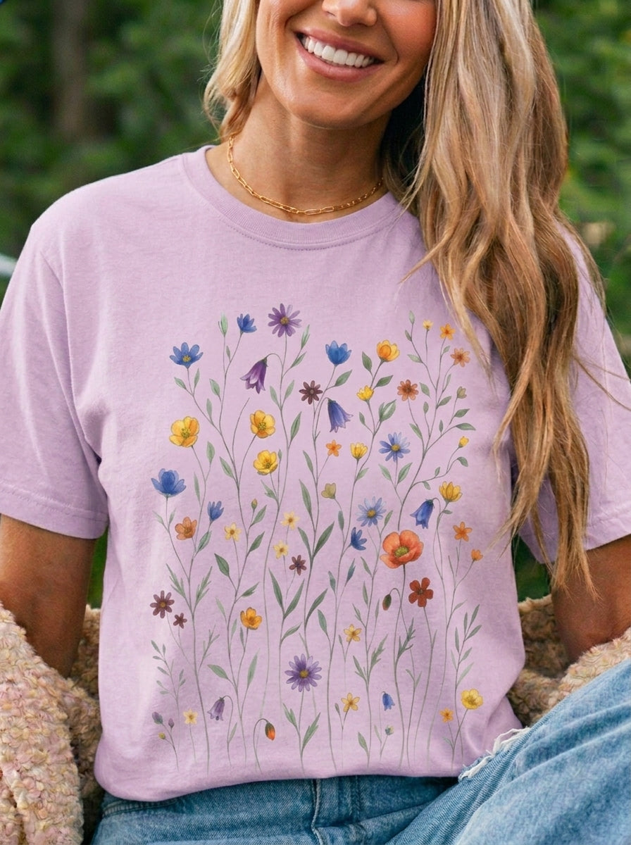 Wildflower Meadow Shirt, Dainty Floral Pressed Flower Tee, Delicate Botanical Boho T-Shirt, Vintage Cottagecore Comfort Colors, Gift for Her