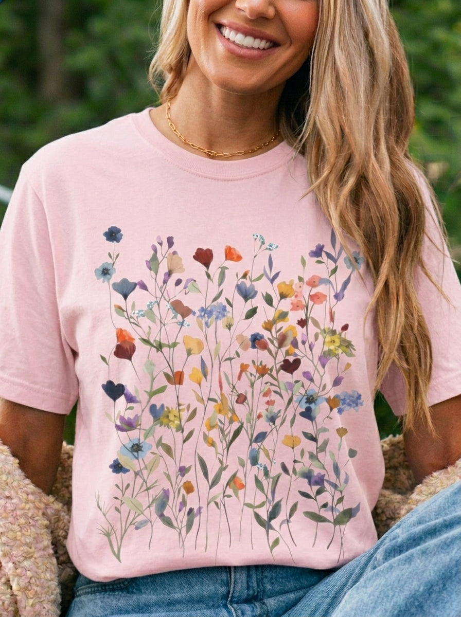 Wildflower Meadow Shirt, Pressed Flower Tee, Vintage Botanical Floral T-Shirt, Boho Cottagecore Comfort Colors, Nature Gift for Her Women