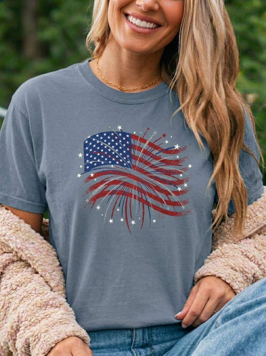 Vintage Patriotic American Flag Fireworks T-Shirt, Independence Day Unisex Red White Blue Graphic Tee