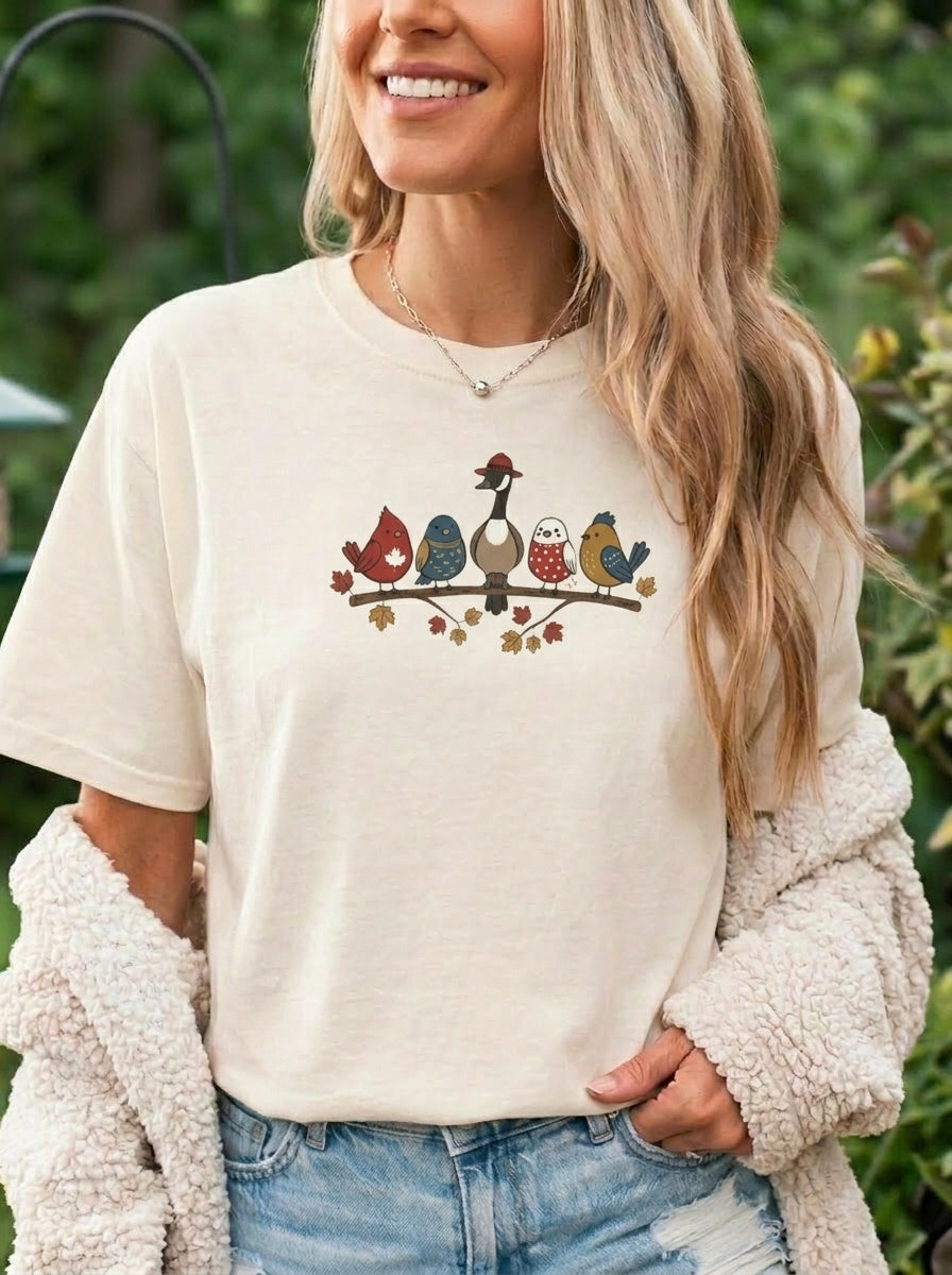 Canada Day Shirt, Canadian Birds on a Branch Tee, Cute Canada Goose T-Shirt, Vintage Maple Leaf Graphic Tee, Canada Gift for Her