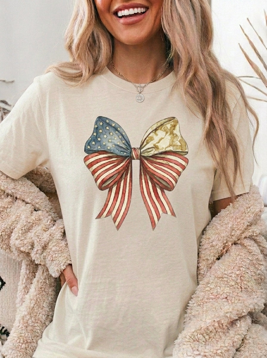 Vintage Patriotic American Golden Bow Ribbon T-Shirt, Independence Day Unisex Red White Blue Graphic Tee