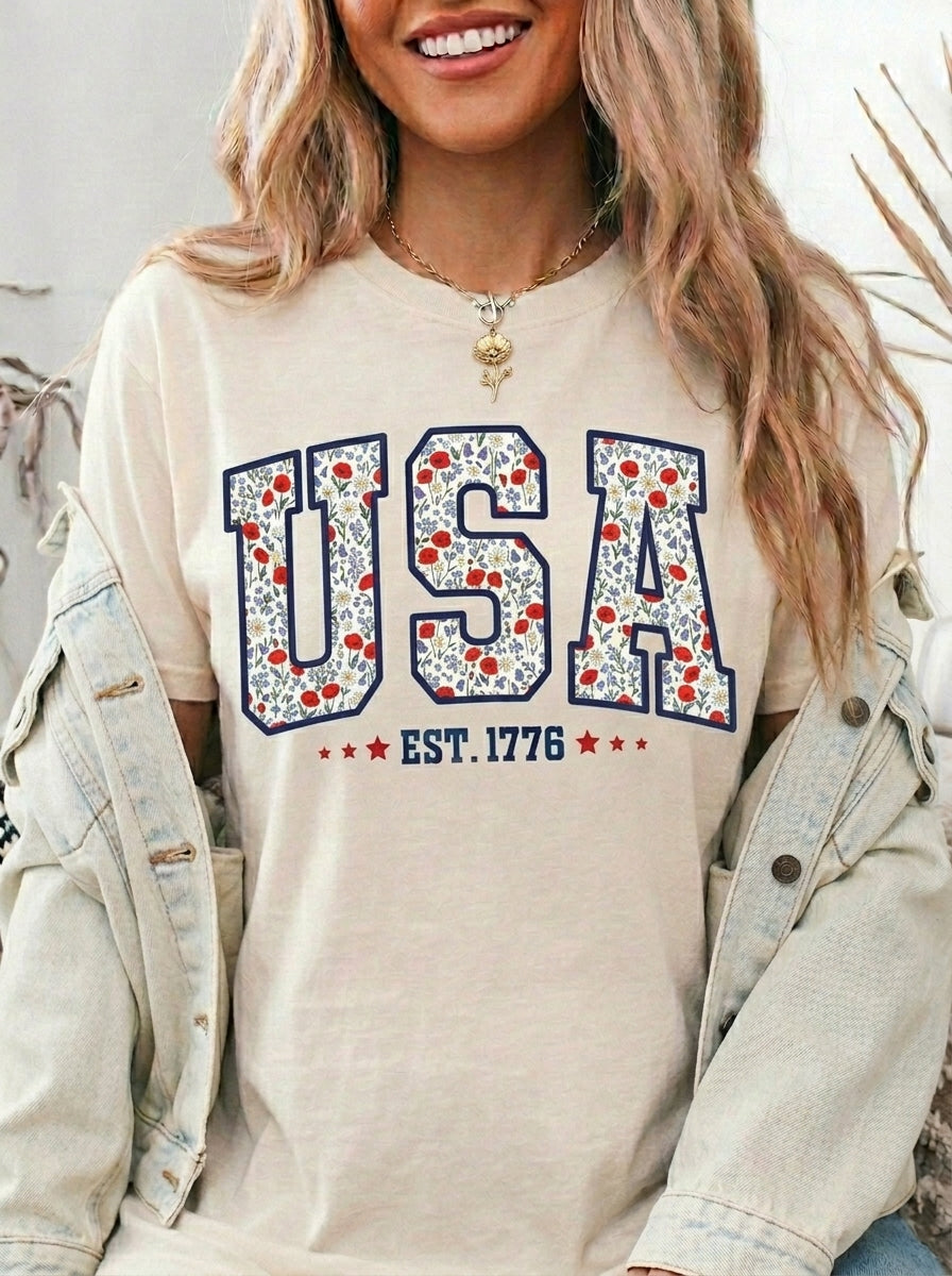 Vintage Floral USA 1776 T-Shirt, Independence Day Unisex Wildflower Patriotic Graphic Tee
