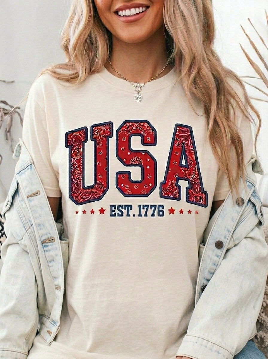Vintage Patriotic American Bandana Print USA T-Shirt, Independence Day Unisex Red White Blue 1776 Graphic Tee
