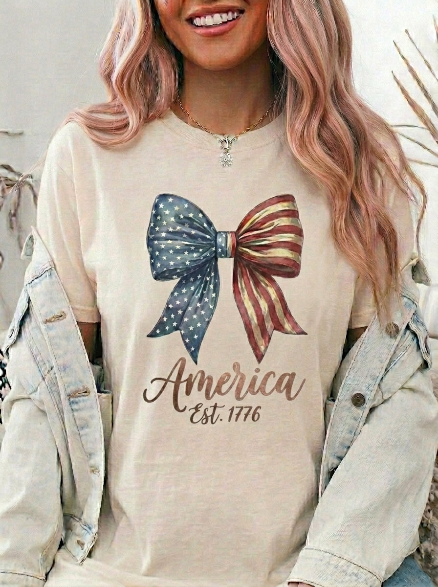 Vintage Patriotic American Bow Ribbon T-Shirt, Independence Day Unisex Red White Blue Graphic Tee