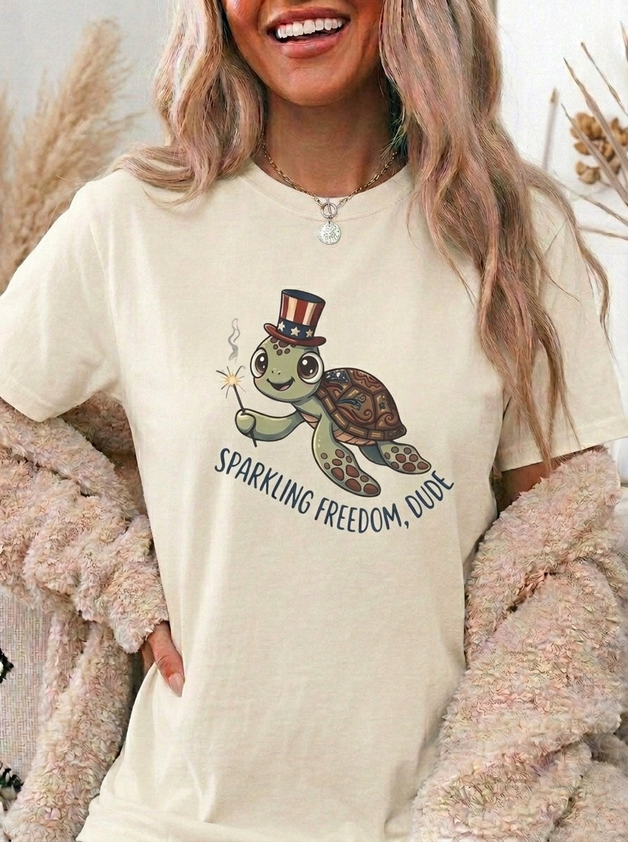 4th of July Shirt, Cute Patriotic Sea Turtle Tee, Funny Sparkler Turtle Graphic T-Shirt, Retro Americana Independence Day Gift for Her