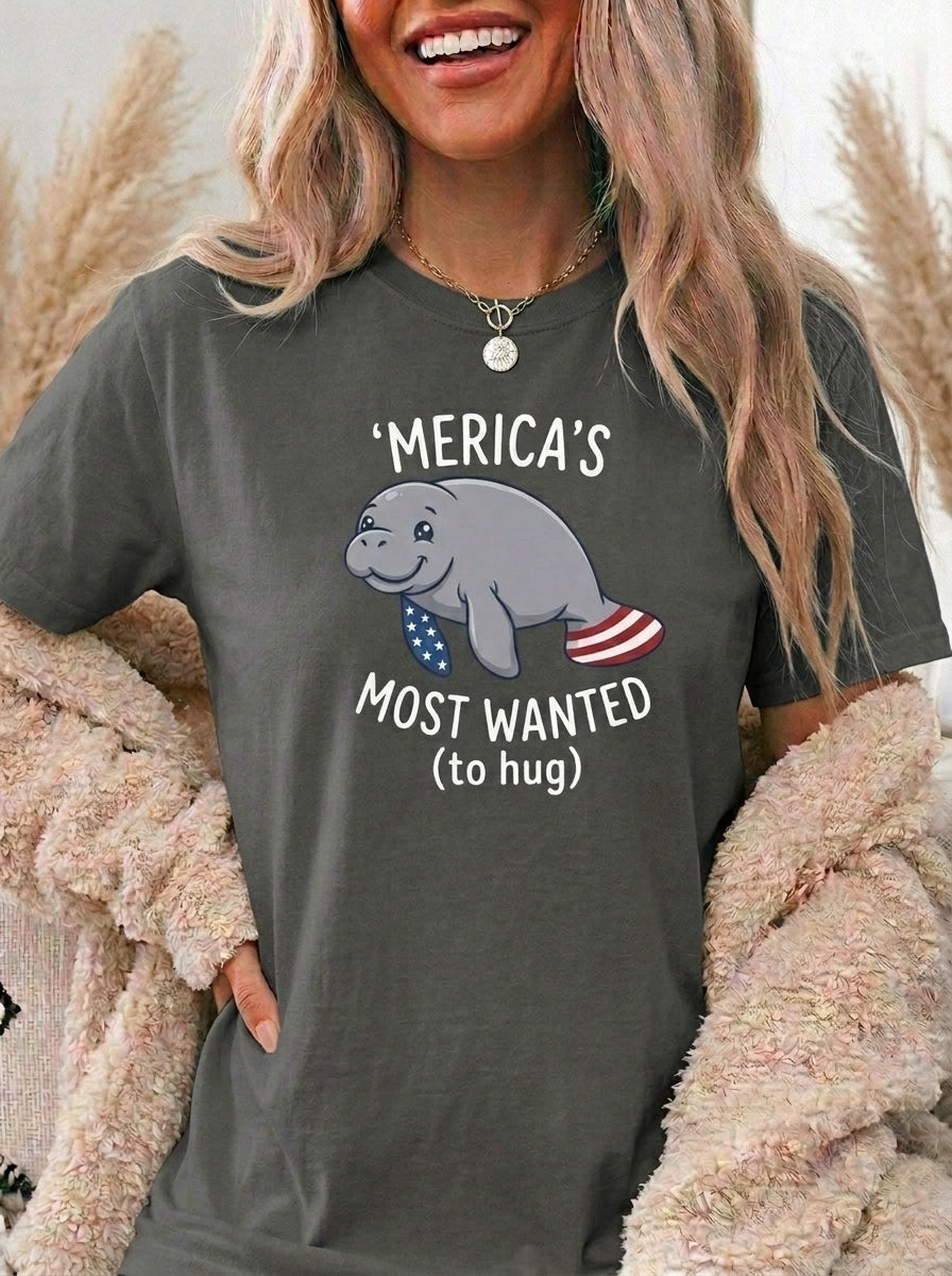4th of July Manatee Shirt, Funny Patriotic Sea Cow Tee, 'Merica's Most Wanted Graphic T-Shirt, Cute Americana Independence Day Gift