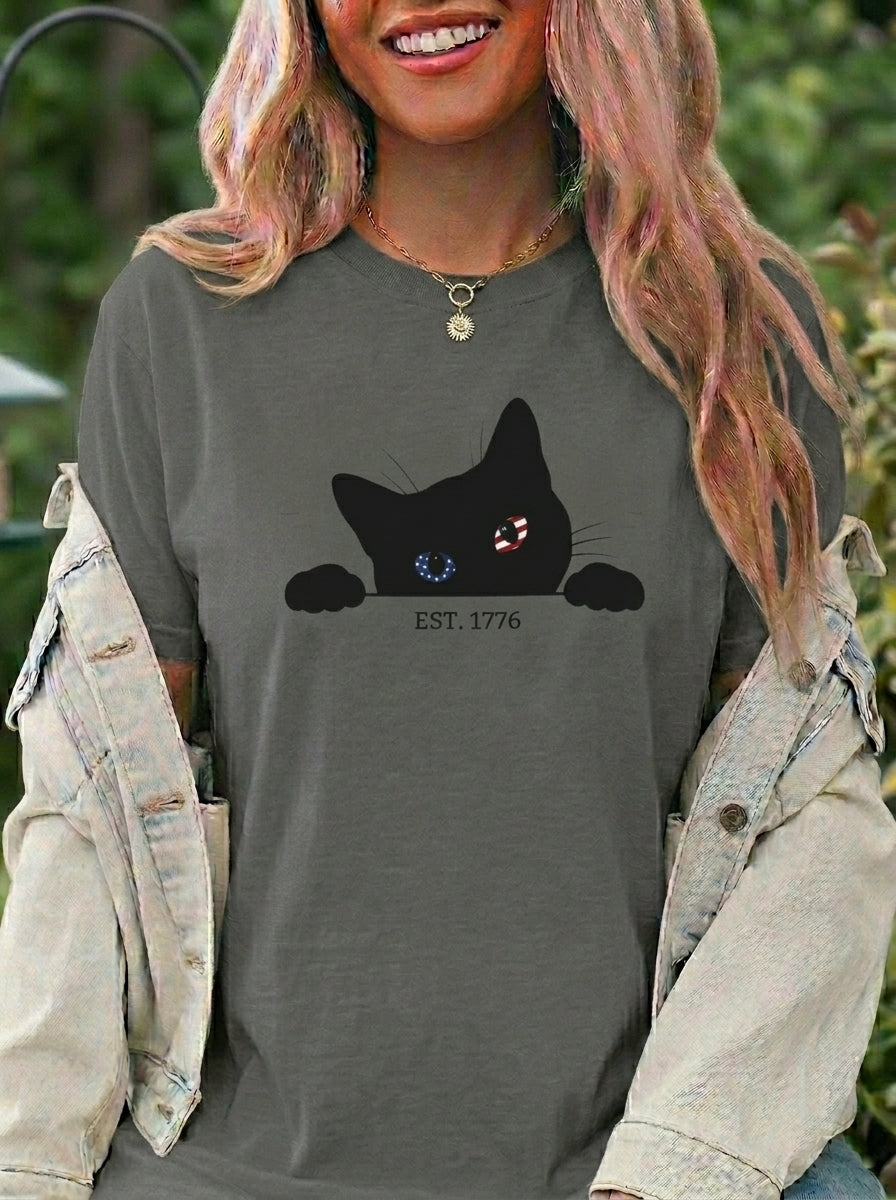 Patriotic Black Cat Shirt, 4th of July Peeking Cat Tee, Funny Cat Lover EST 1776 Graphic Shirt, Vintage Independence Day USA Tee, Gift