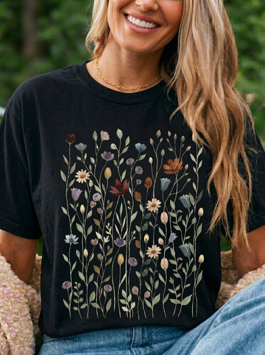 Wildflower Meadow Shirt, Dusty Purple Floral Pressed Flower Tee, Vintage Botanical Boho T-Shirt, Cottagecore Comfort Colors Gift for Her