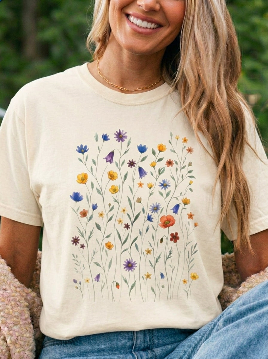 Wildflower Meadow Shirt, Dainty Floral Pressed Flower Tee, Delicate Botanical Boho T-Shirt, Vintage Cottagecore Comfort Colors, Gift for Her
