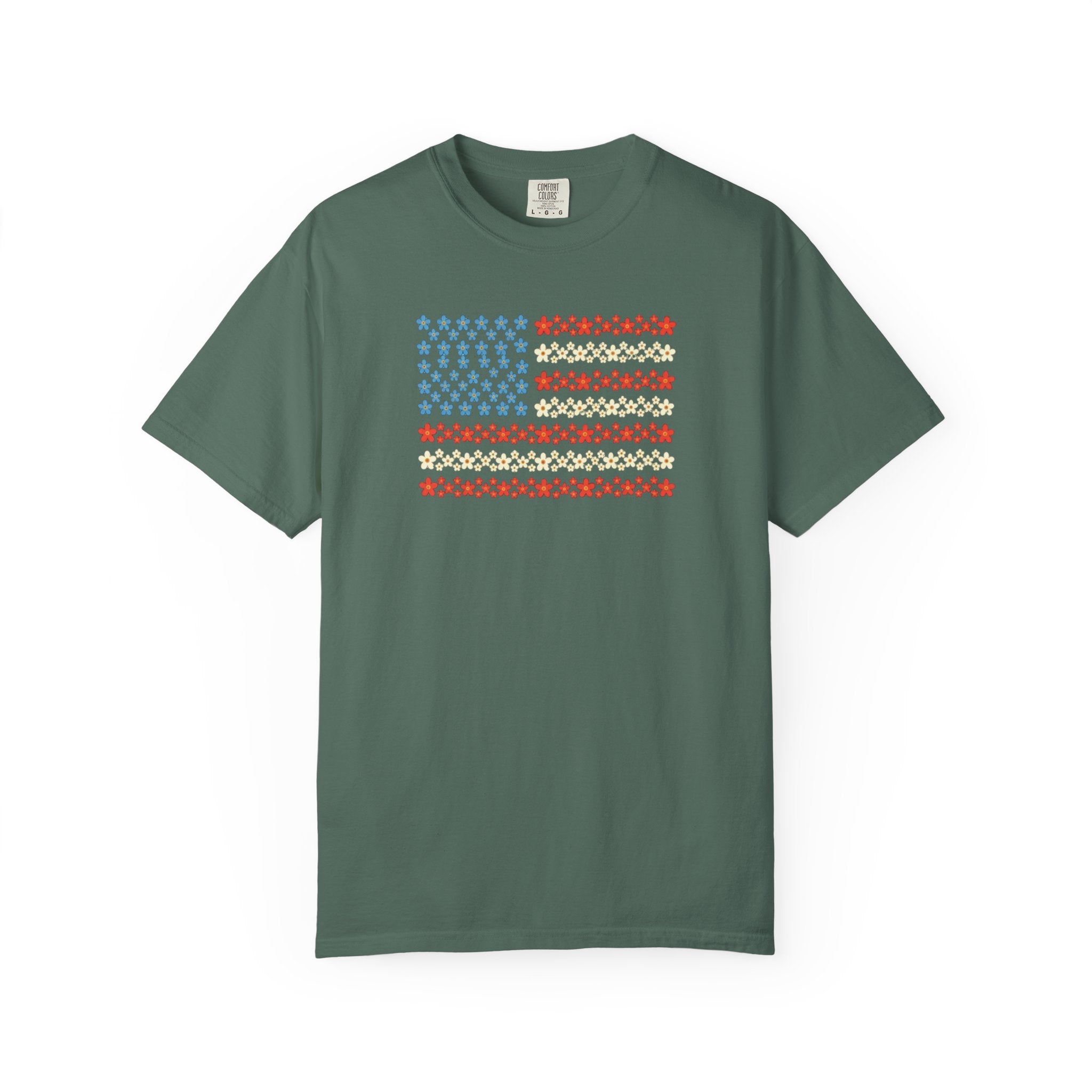 Floral American Flag t-shirt in Blue Spruce