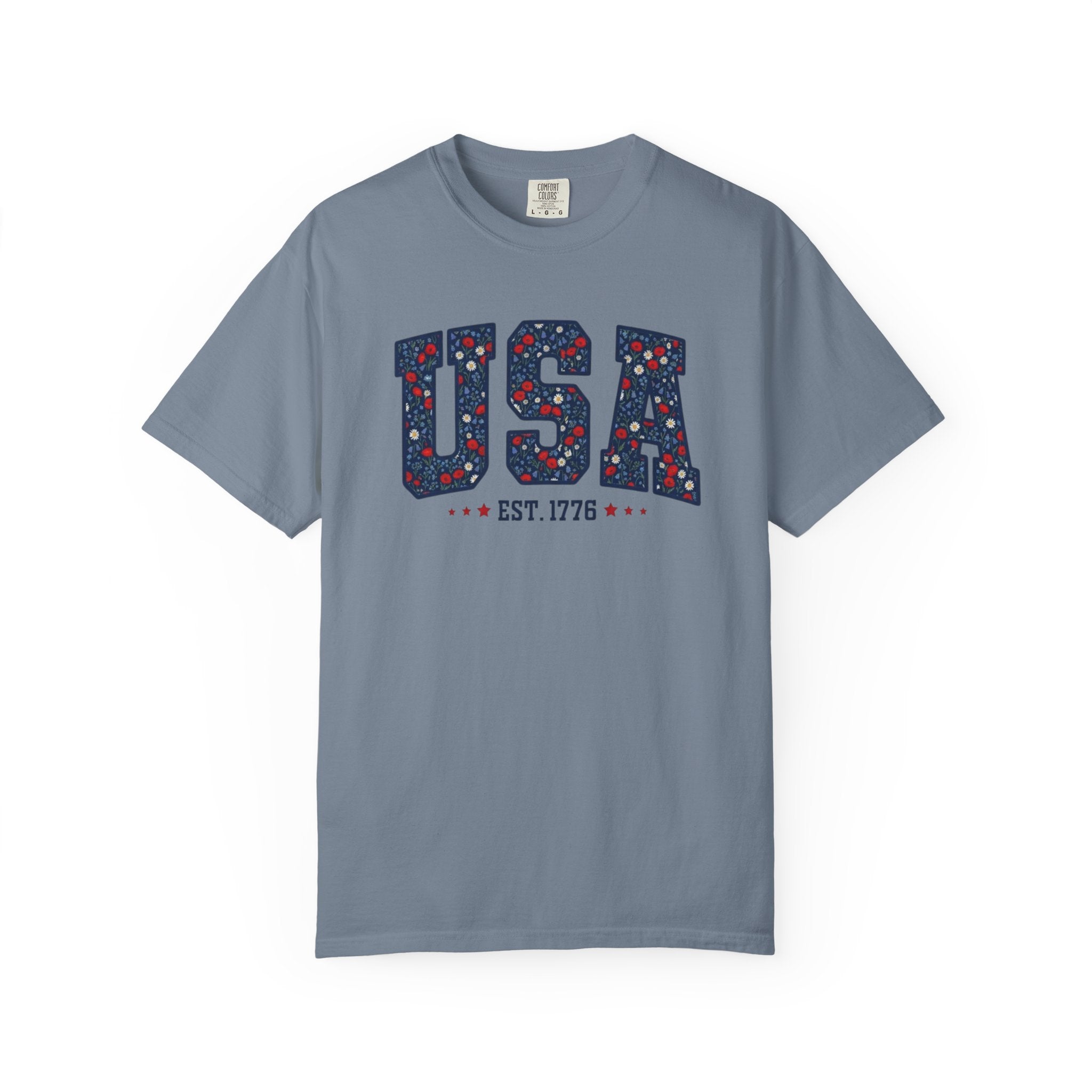 Floral USA 1776 Varsity Letters t-shirt in Blue Jean