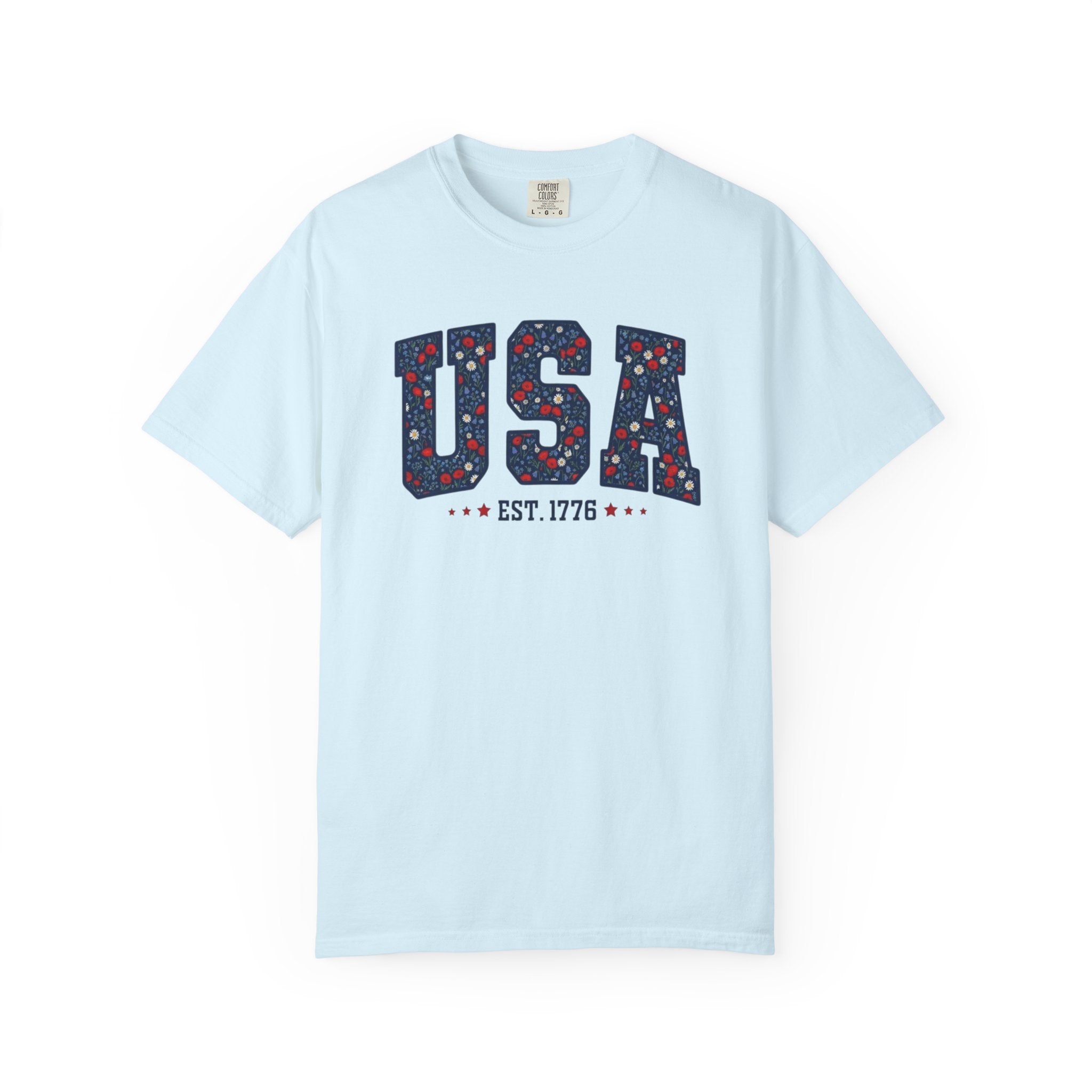 Floral USA 1776 Varsity Letters t-shirt in Chambray