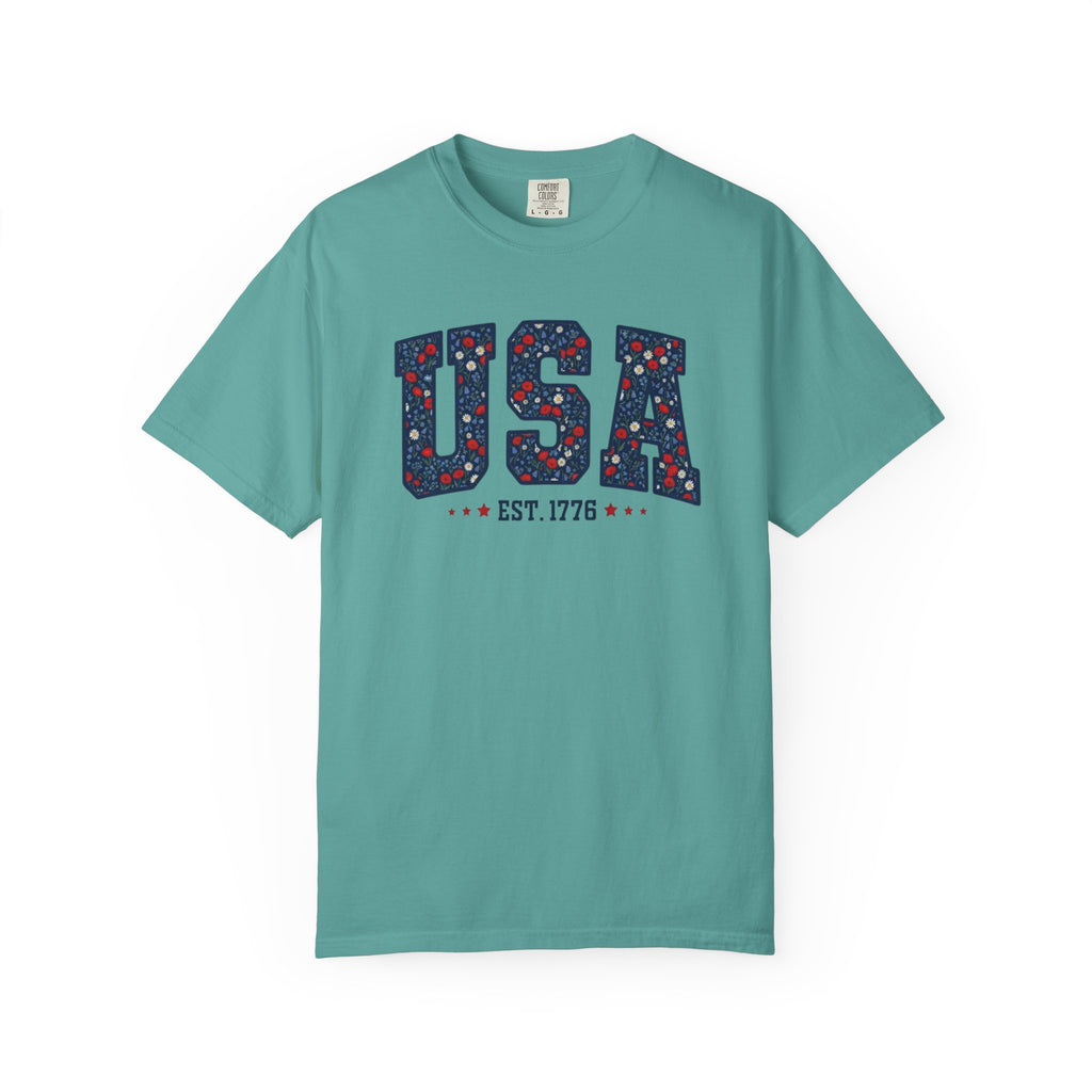 Floral USA 1776 Varsity Letters t-shirt in Seafoam