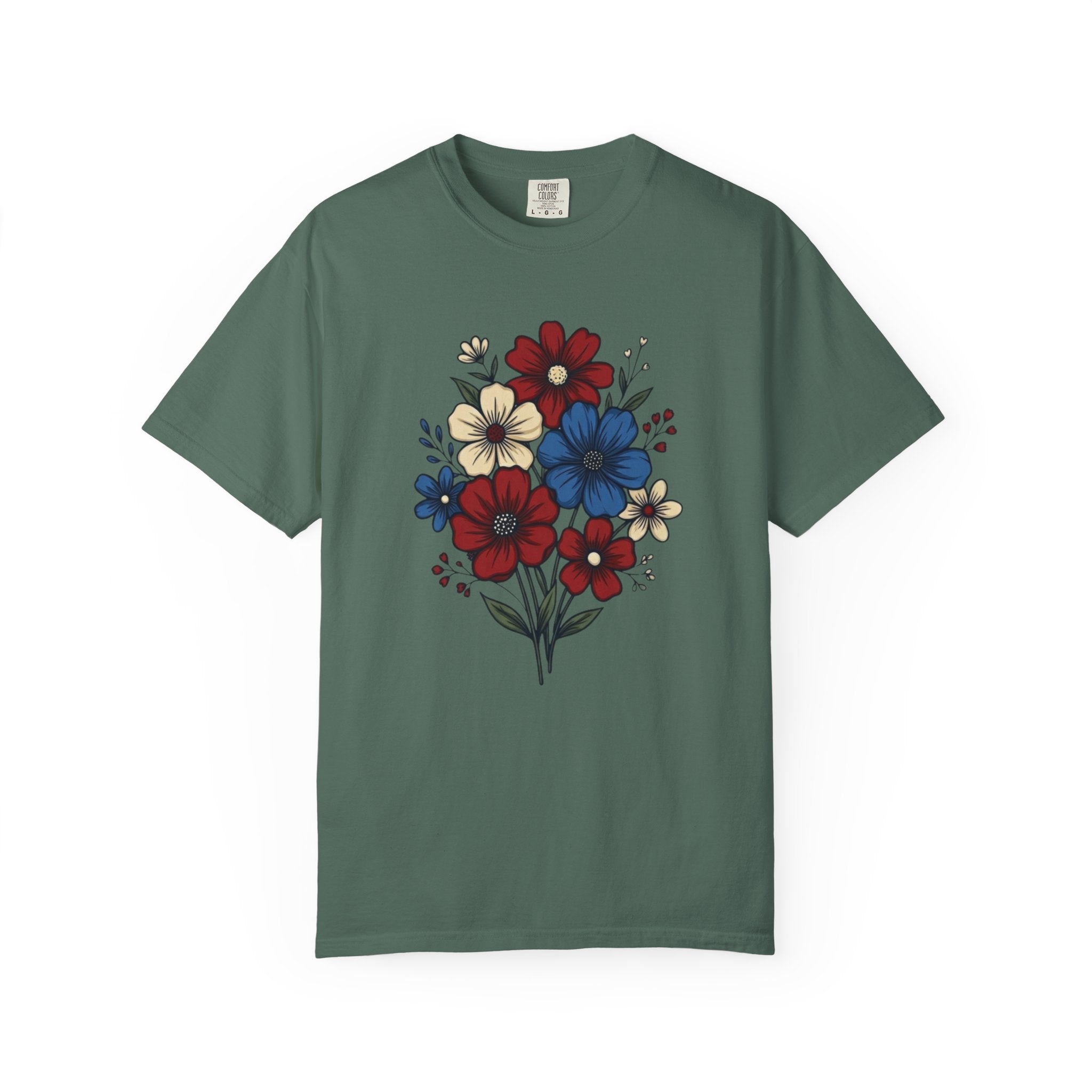 Freedom and Blooms Patriotic Floral t-shirt in Blue Spruce