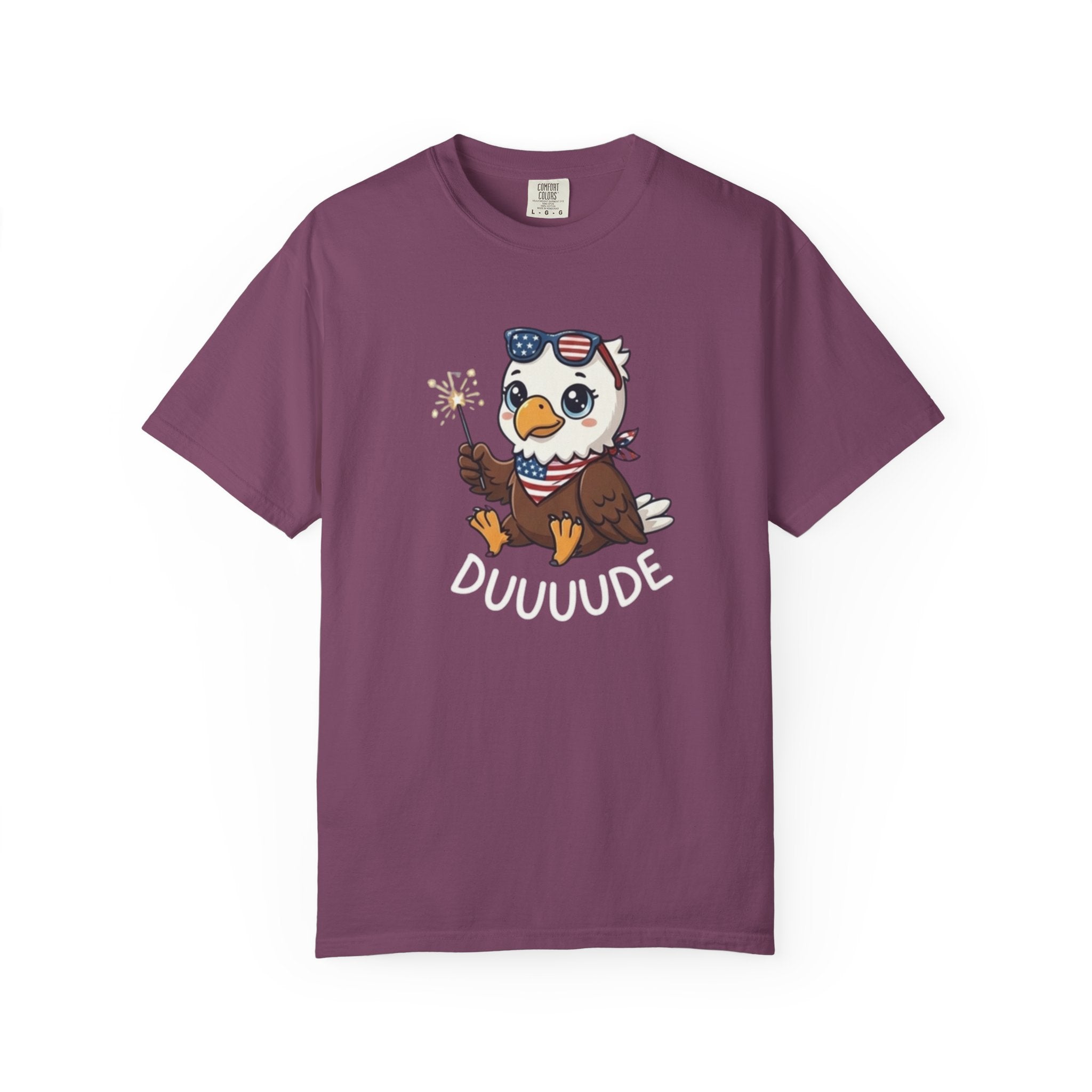 Funny DUUUUDE Bald Eagle t-shirt in Berry