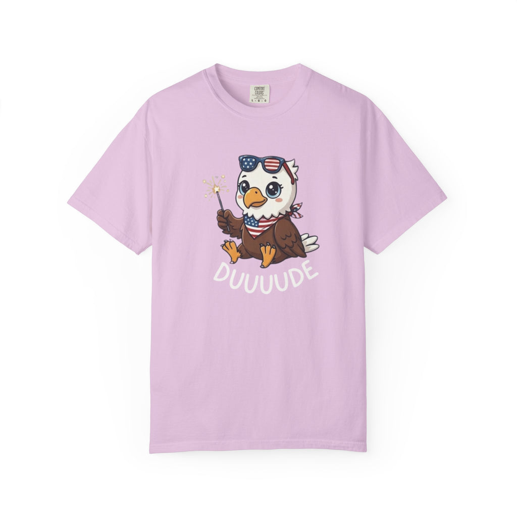 Funny DUUUUDE Bald Eagle t-shirt in Orchid