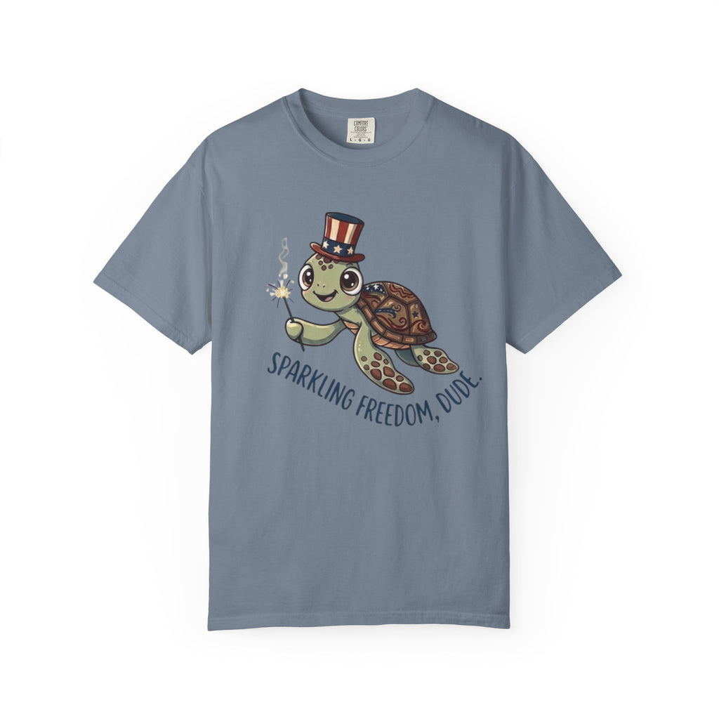 Funny Sparkler Sea Turtle t-shirt in Blue Jean